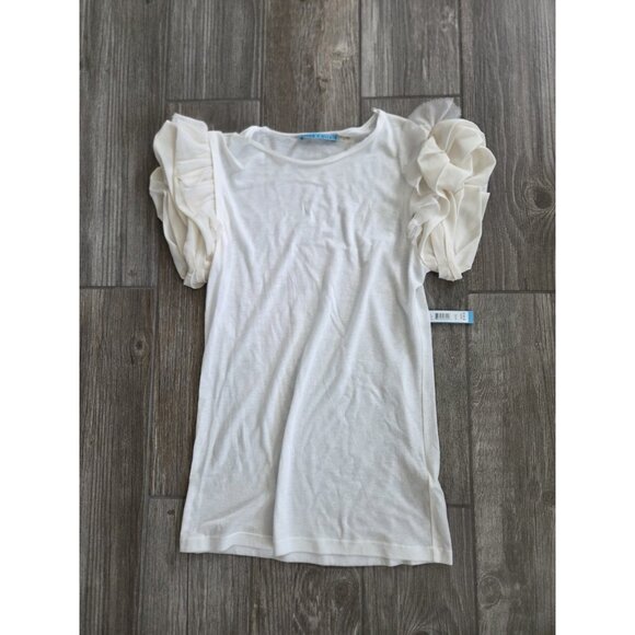 Nwt Alice&Oliva Cream Cotton Blend  Top W/ Puff/ Ruffled Silk Short Sleeves Sz S - Picture 2 of 7